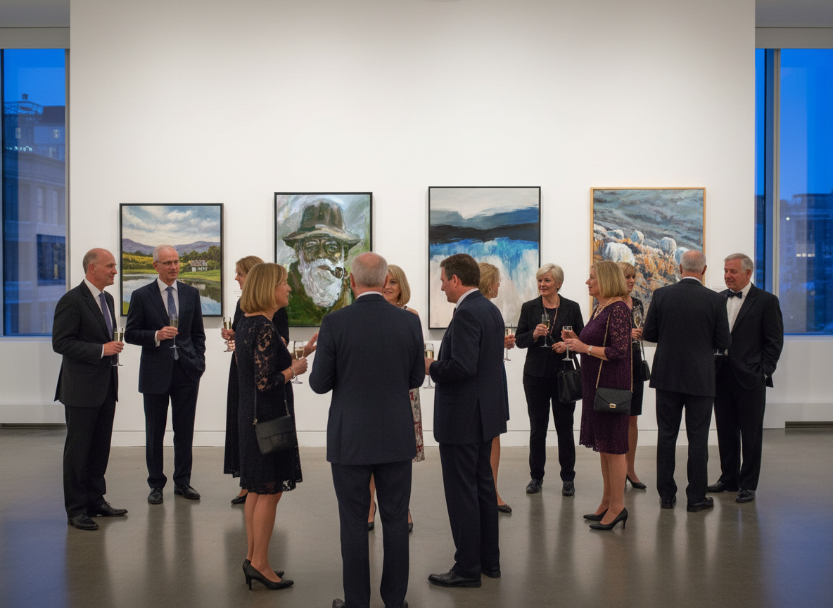 Impression of an evening exhibition of Benjamin Smit’s paintings (a rendering)